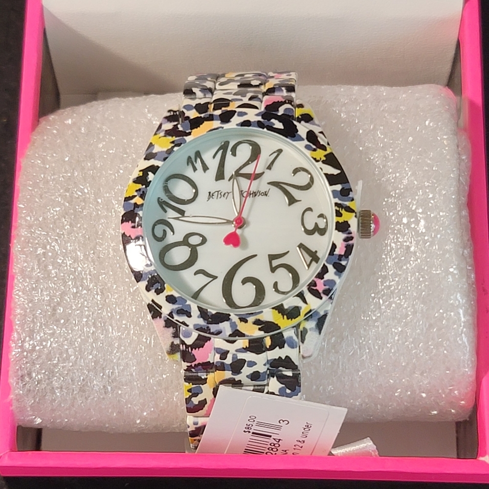 Betsey Johnson Black, yellow, pink, white, and purple watch